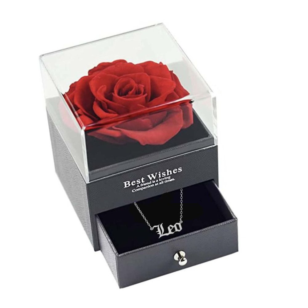 Preserved Rose Flower In a Acrylic Box with Silver Plated Leo Zodiac Necklace